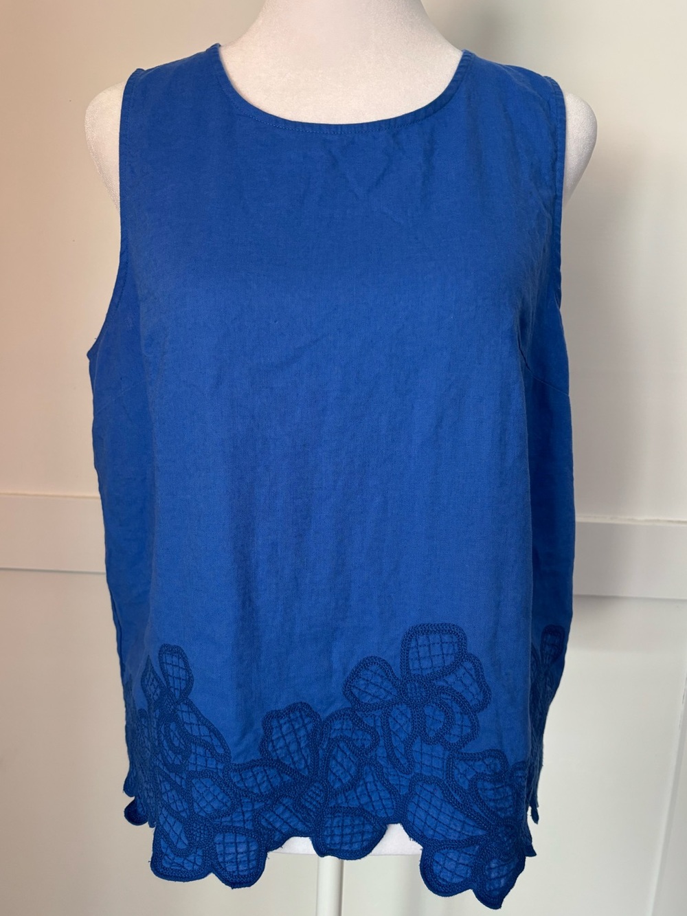 J. Crew Royal Blue Sleeveless Embroidered Hem Top size medium